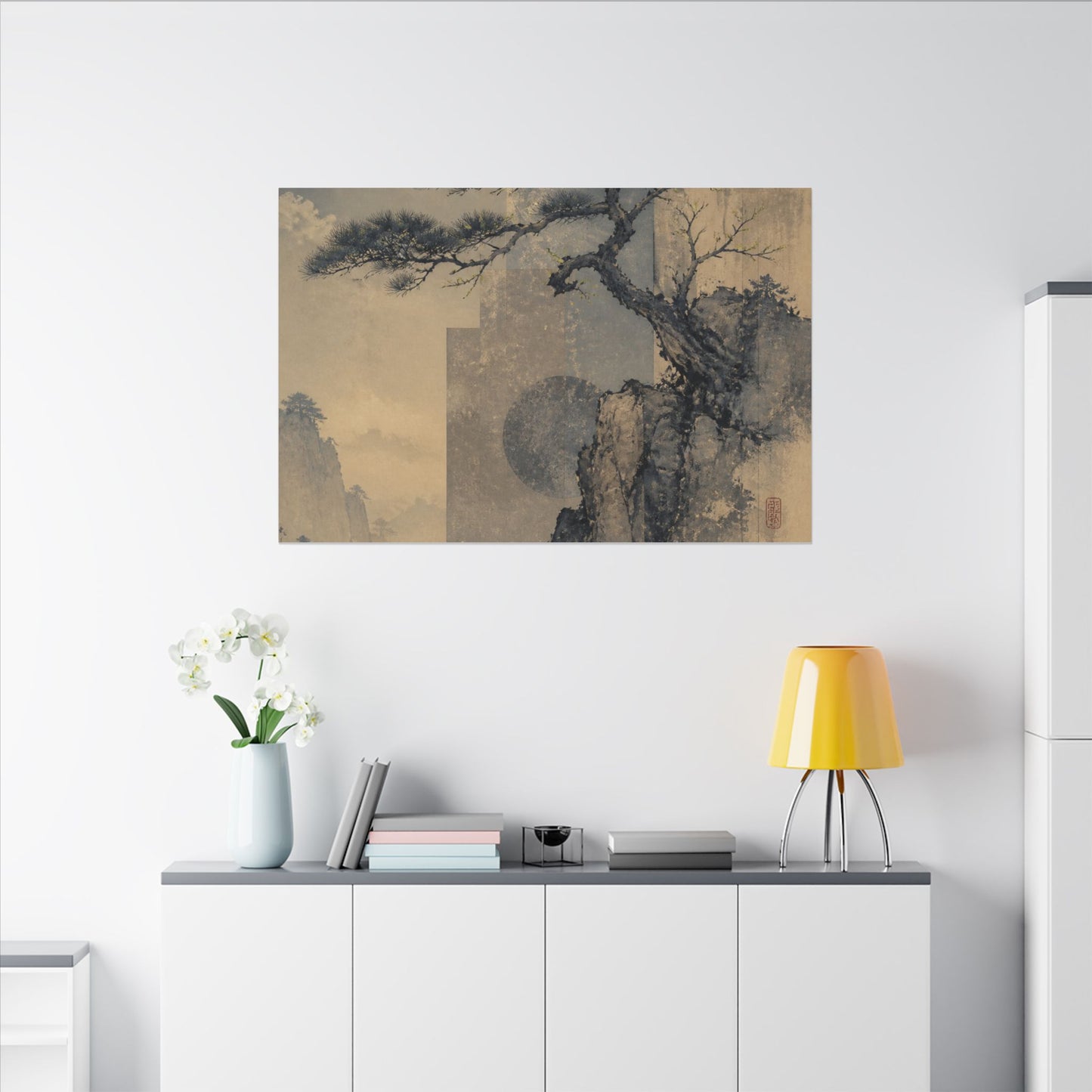 Japandi Pine Tree in Moonlight | Japanese Pattern Canvas Art