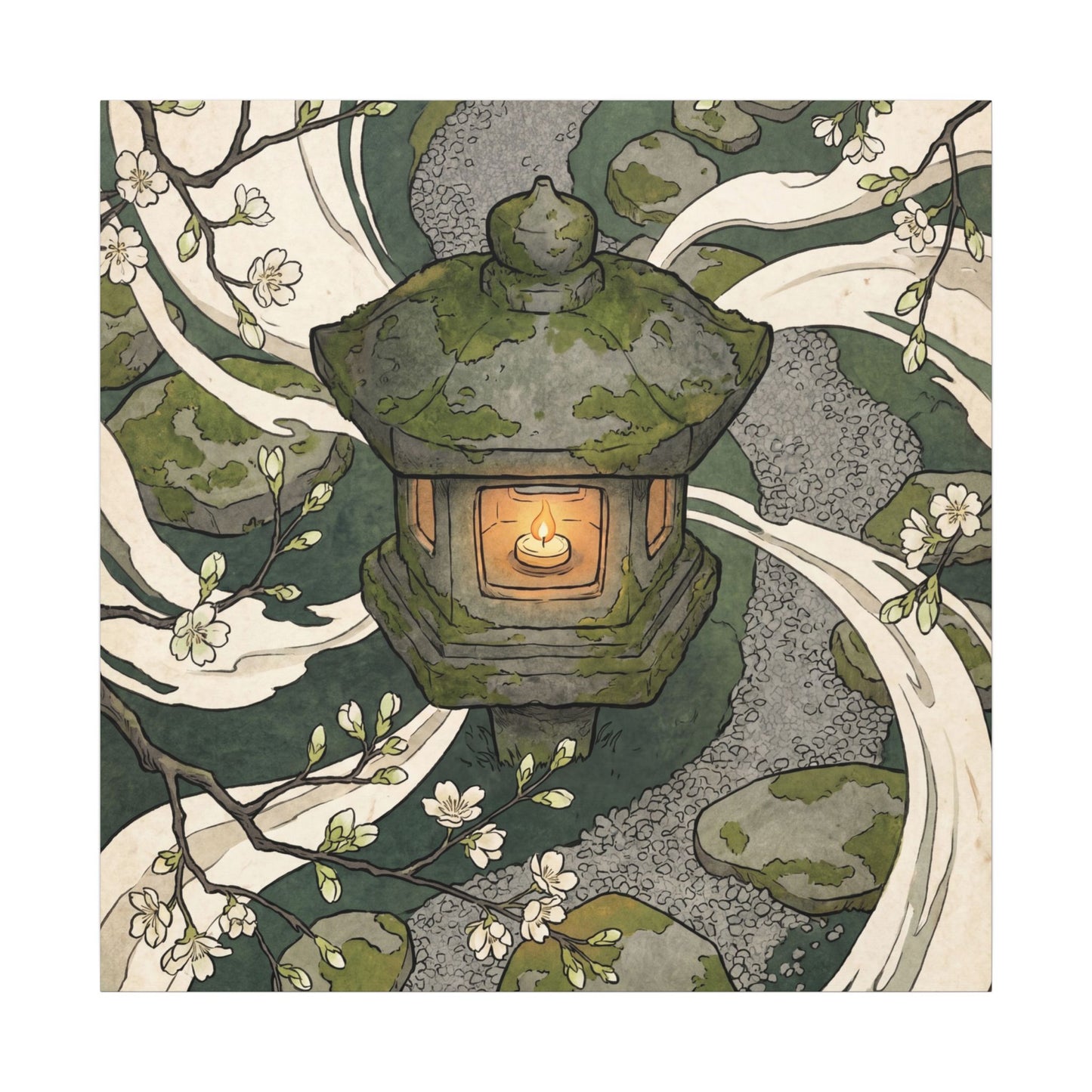 Zen Stone Lantern in Candlelight | Ukiyo E Inspired Canvas Art