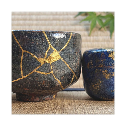 Tea Ceremony Crackle Gold Canvas Art | Philosophical Kintsugi Art