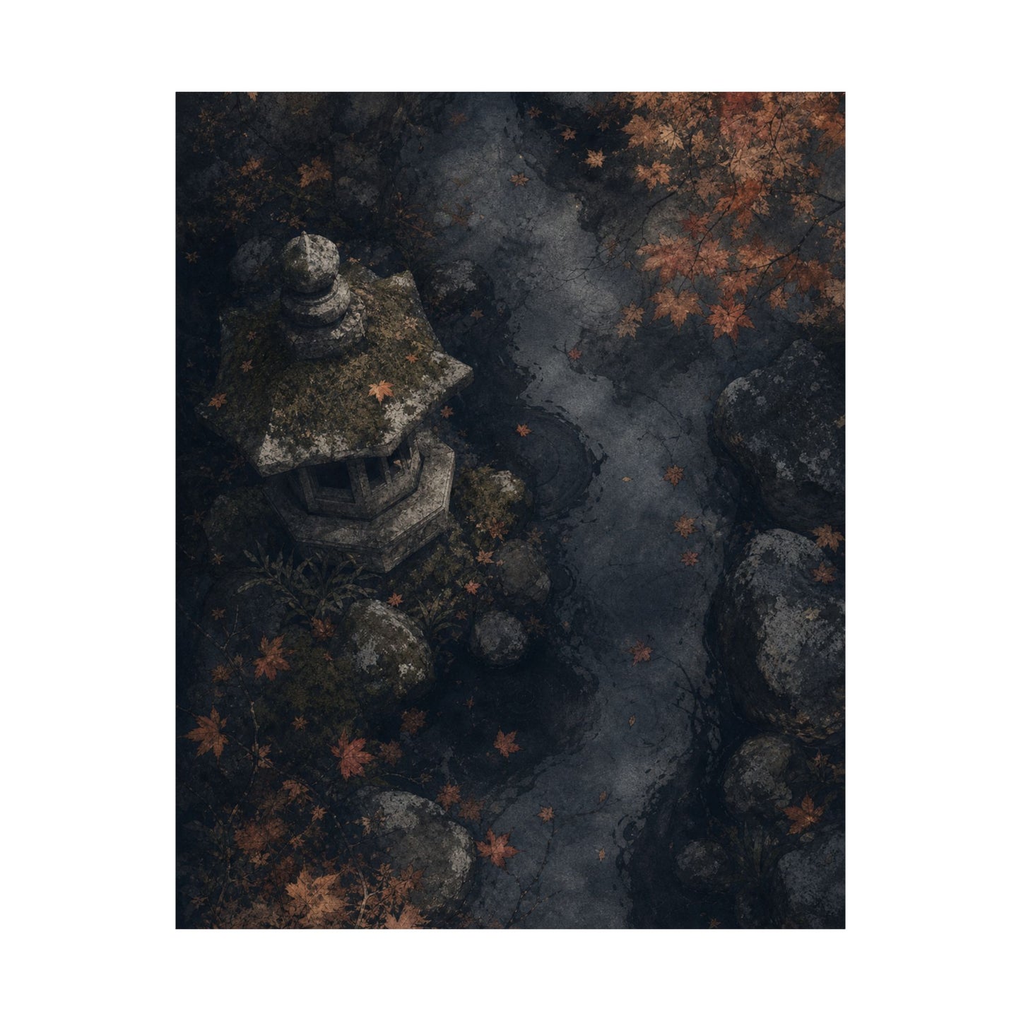 Japandi Stone Lantern in Moonlight | Texture Wall Art Print