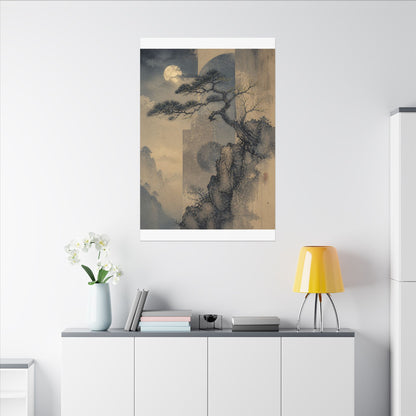 Japandi Pine Tree in Moonlight | Japanese Pattern Canvas Art