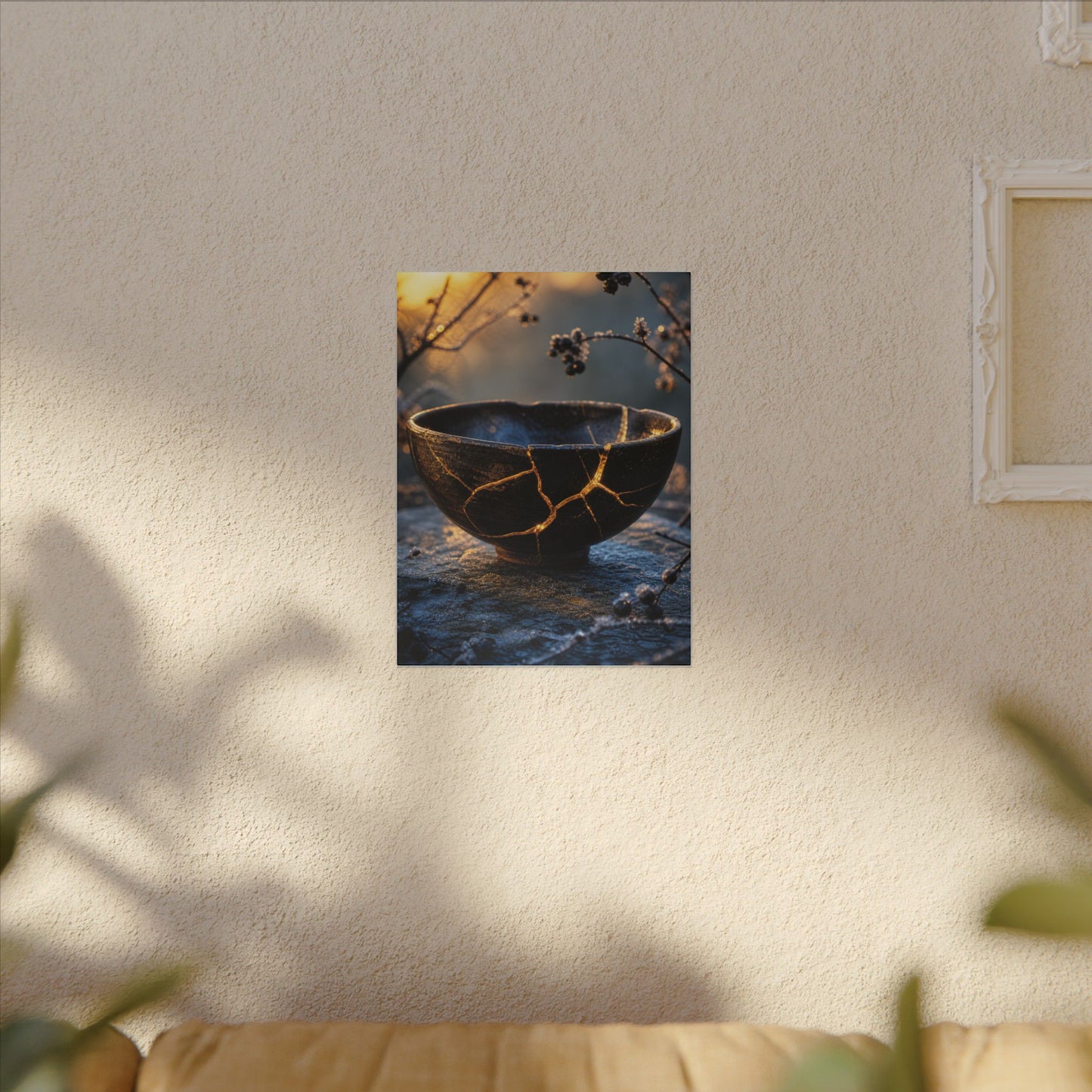 Ceramic Bowl Canvas Art | Winter Kintsugi Gold Repair Art