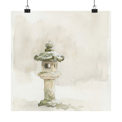 Japandi Stone Lantern in Overcast | Watercolor Wall Art Print Art Print