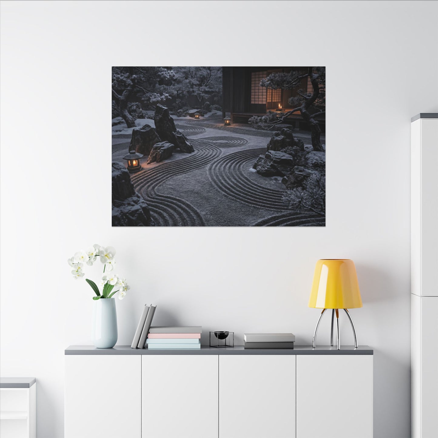 Candlelight Rock Garden Canvas Art - Dark Japandi Fukinsei