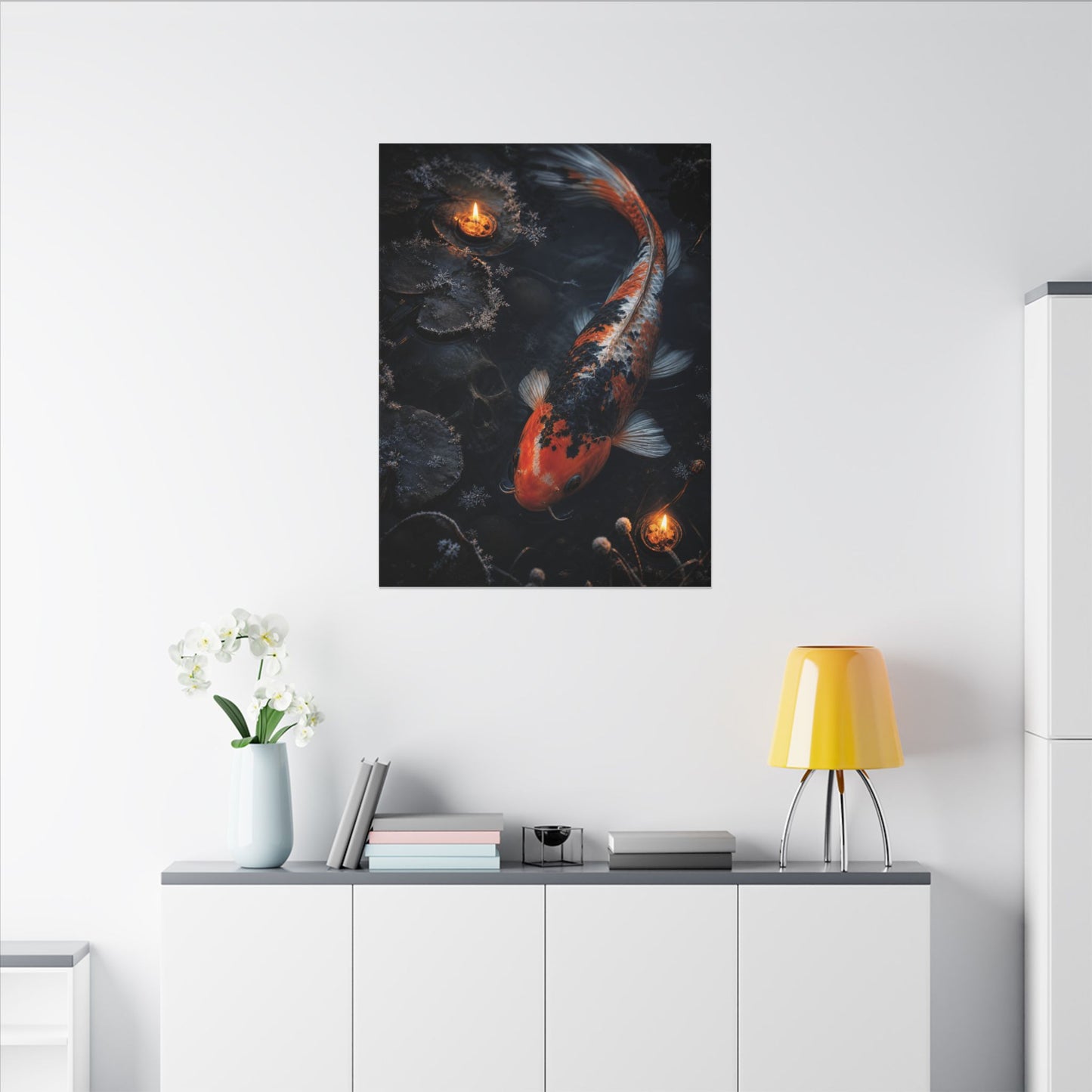 Koi Pond Canvas Art | Winter Dark Japandi Shadow Zen Art