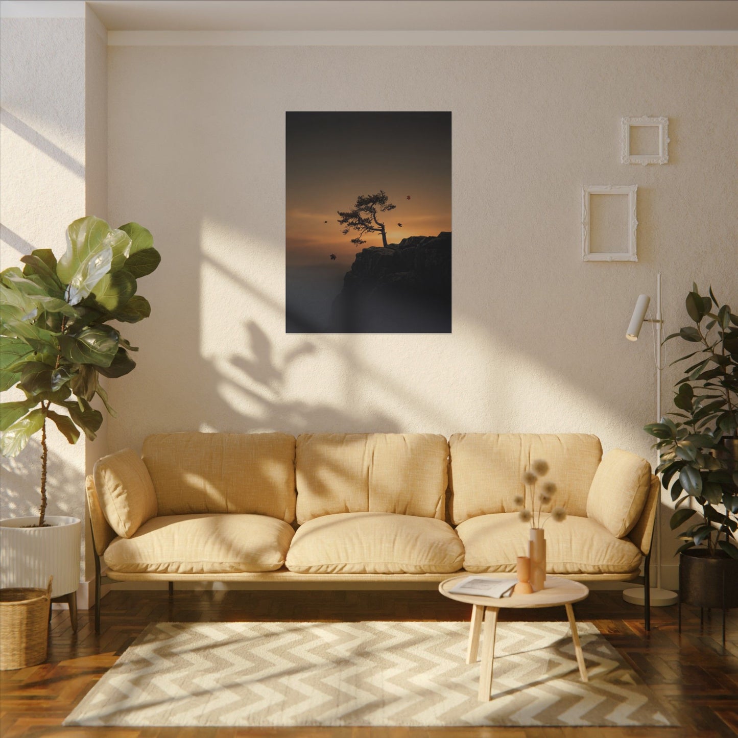 Dark Japandi Pine Tree in Golden Hour | Moody Minimal Canvas Art