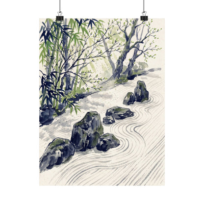 Zen Rock Garden in Dappled | Sumi E Wall Art Print
