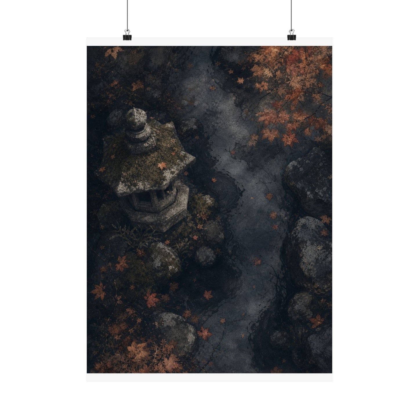 Japandi Stone Lantern in Moonlight | Texture Wall Art Print