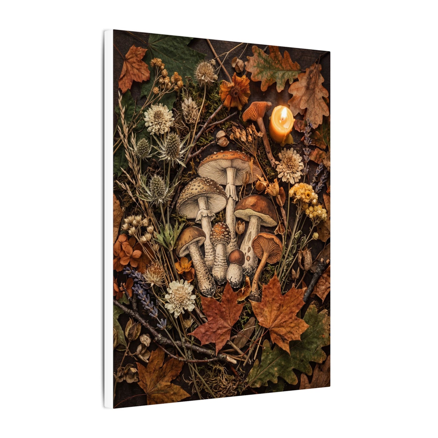 Autumn Dried Flowers Mushroom Illustration Canvas Art | Earthy Decor