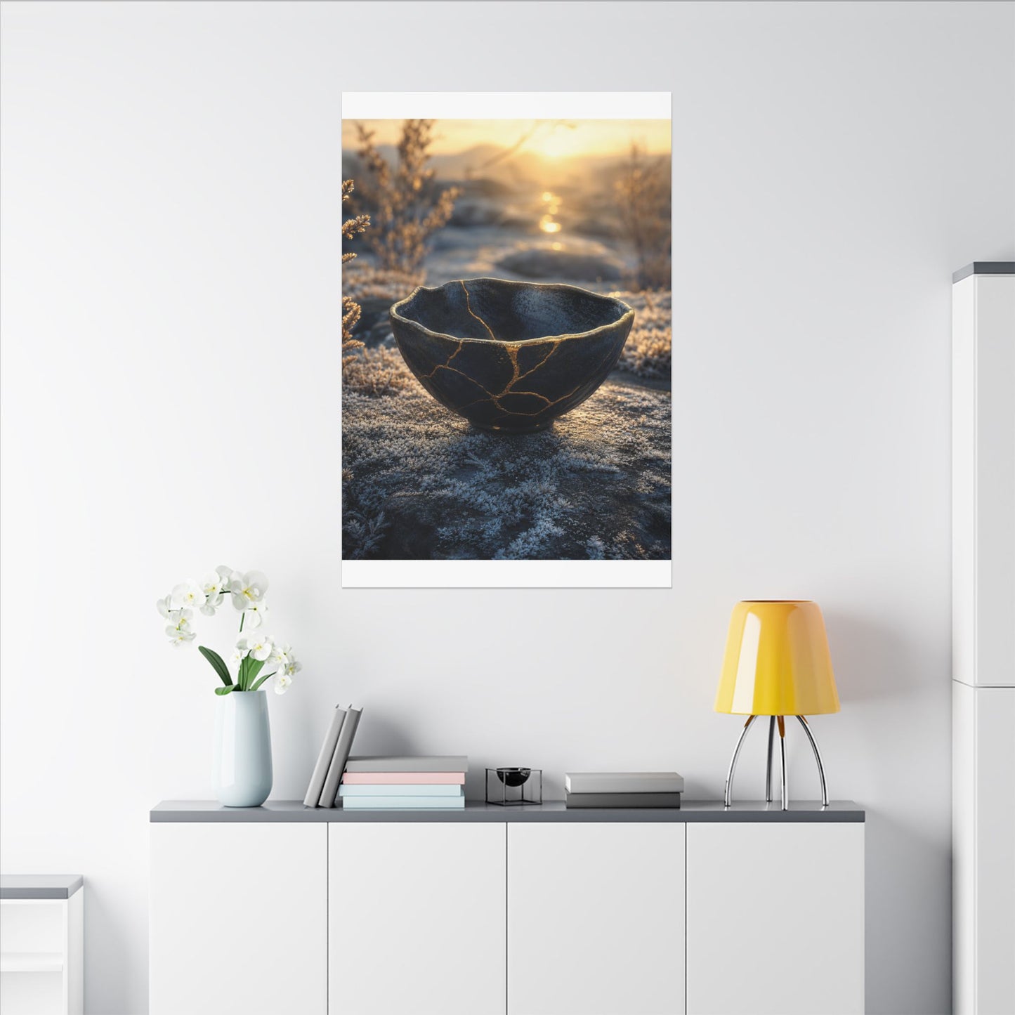 Ceramic Bowl Canvas Art | Winter Kintsugi Gold Repair Art