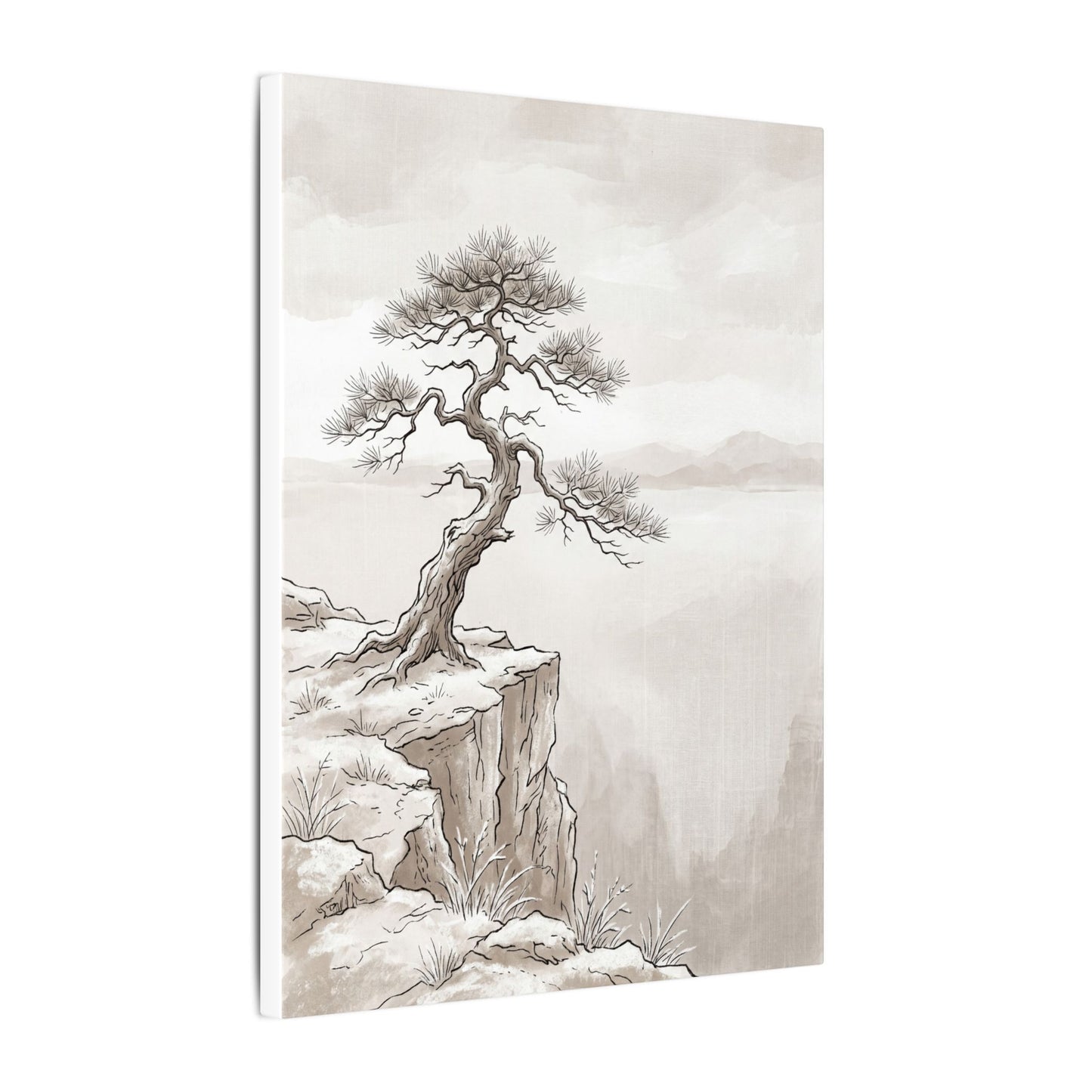 Neutral Pine Tree Canvas Art - Minimal Line Japandi