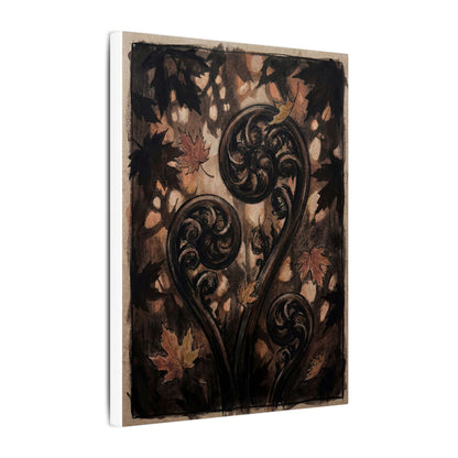 Mono No Aware Fern Unfurling Canvas Art - Dark Japandi Charcoal Ink
