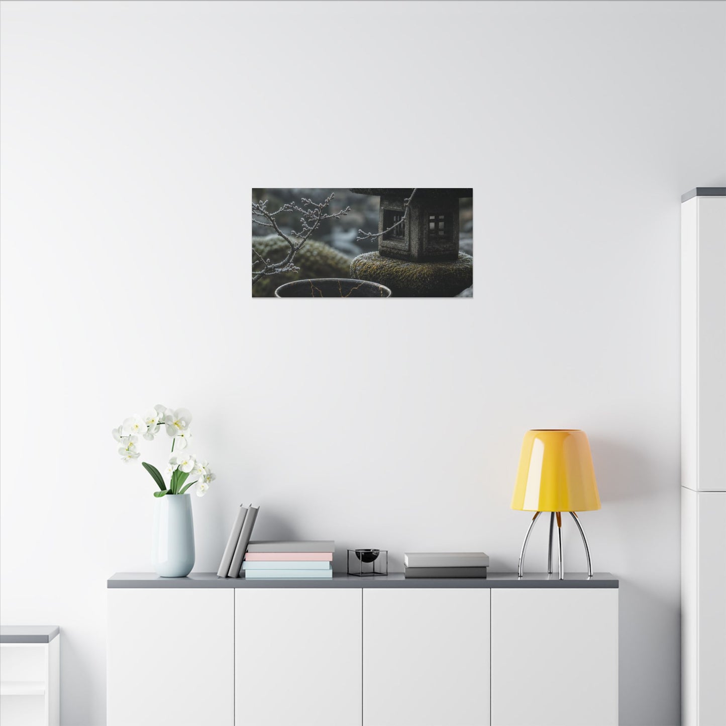 Stone Lantern Canvas Art | Winter Kintsugi Gold Repair Art