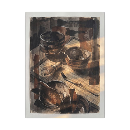 Tea Ceremony Charcoal Ink Canvas Art | Luxurious Dark Japandi Art