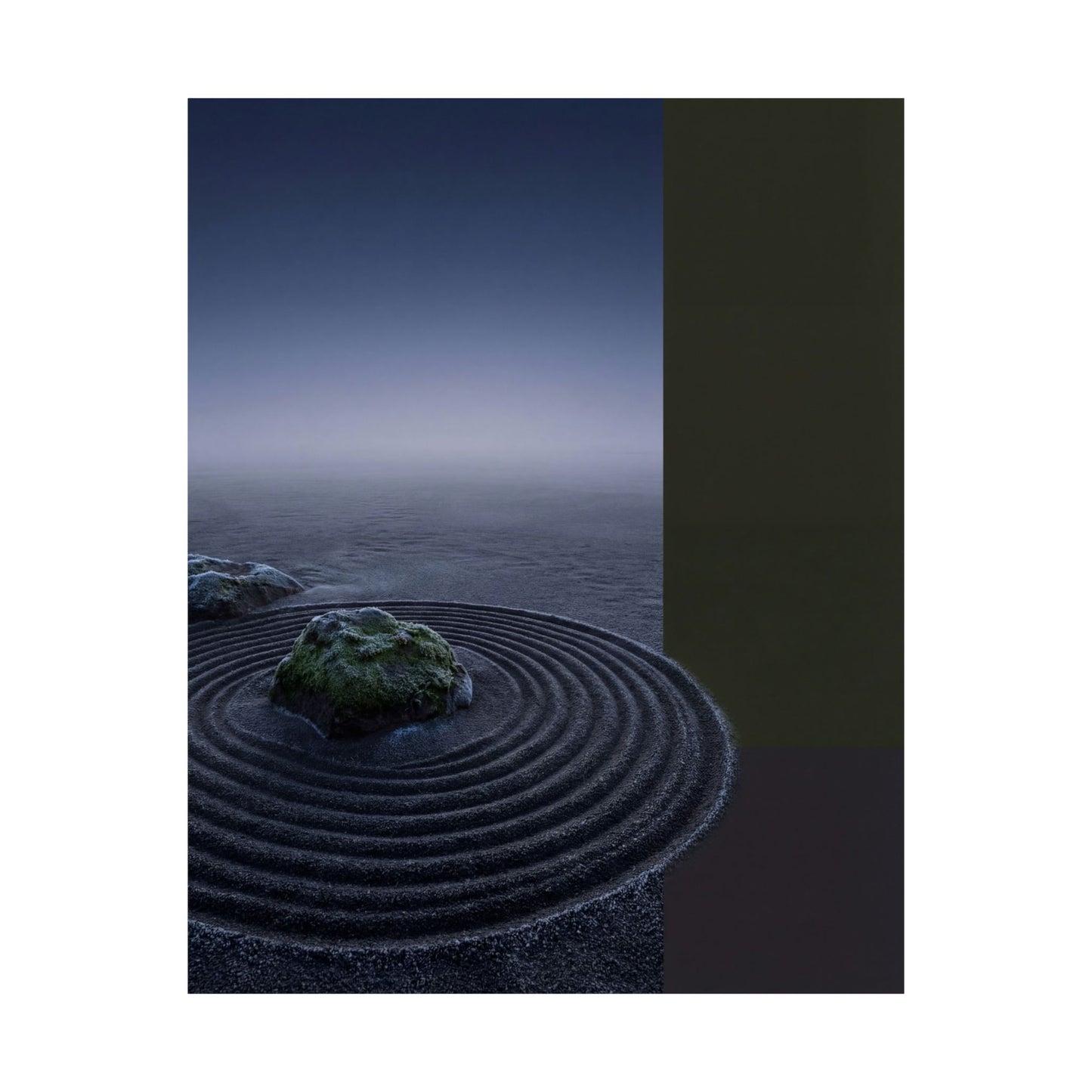 Dark Japandi Rock Garden in Dawn | Moody Minimal Wall Art Print
