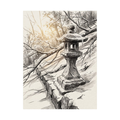 Japandi Stone Lantern in Golden Hour | Minimal Line Wall Art Print
