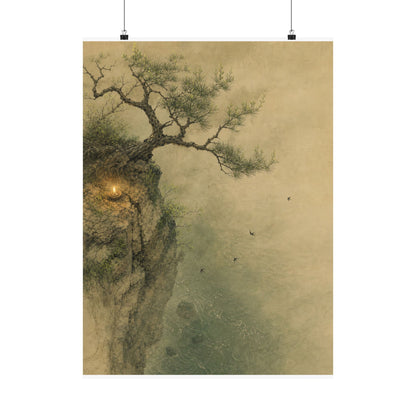 Japandi Pine Tree in Candlelight | Minimal Line Wall Art Print