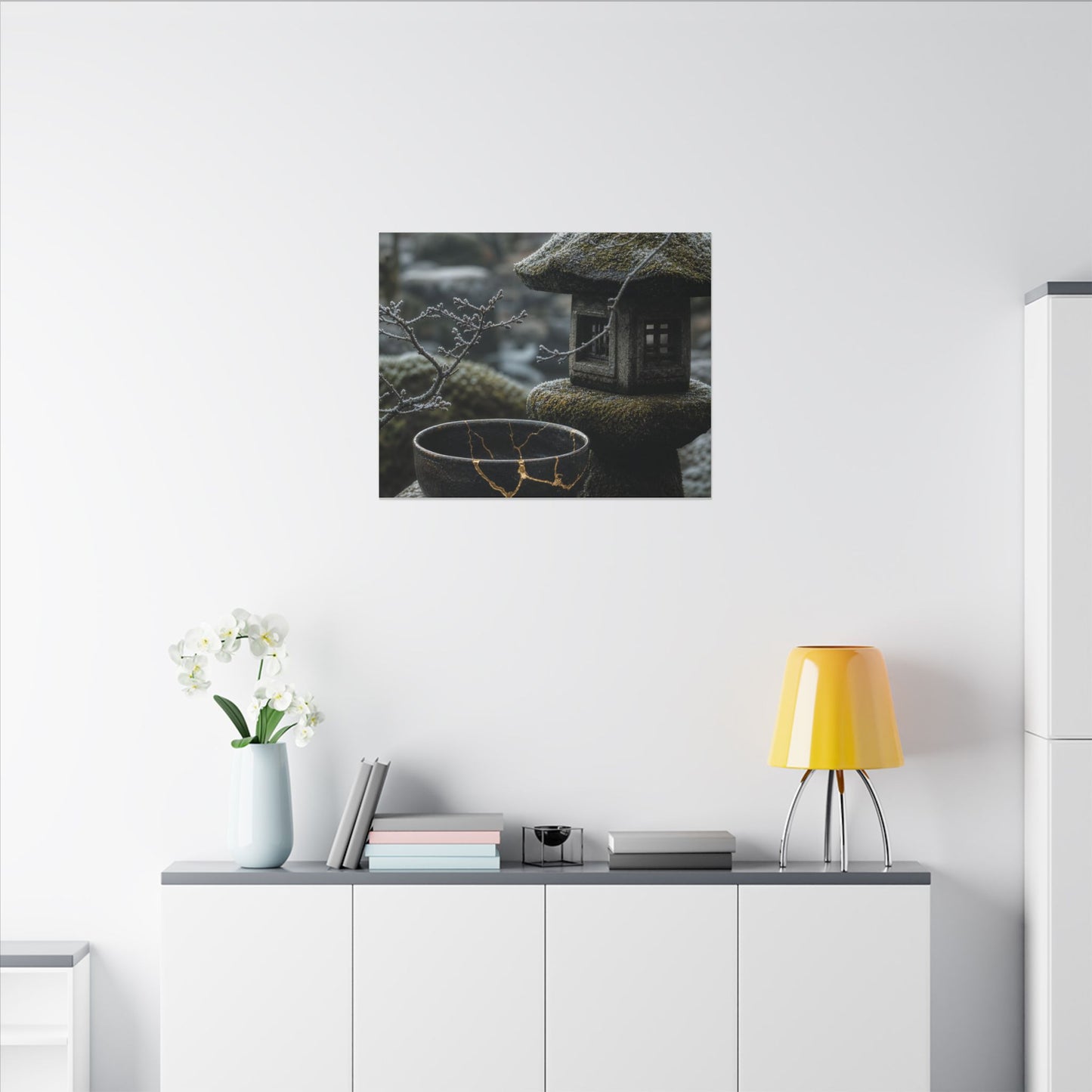 Stone Lantern Canvas Art | Winter Kintsugi Gold Repair Art