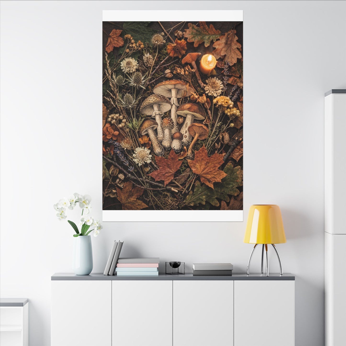 Autumn Dried Flowers Mushroom Illustration Canvas Art | Earthy Decor