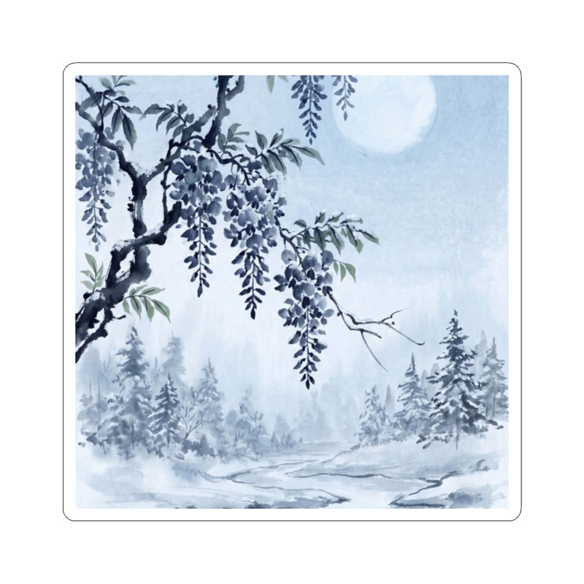 Zen Wisteria in Moonlight | Sumi E Sticker Art Print