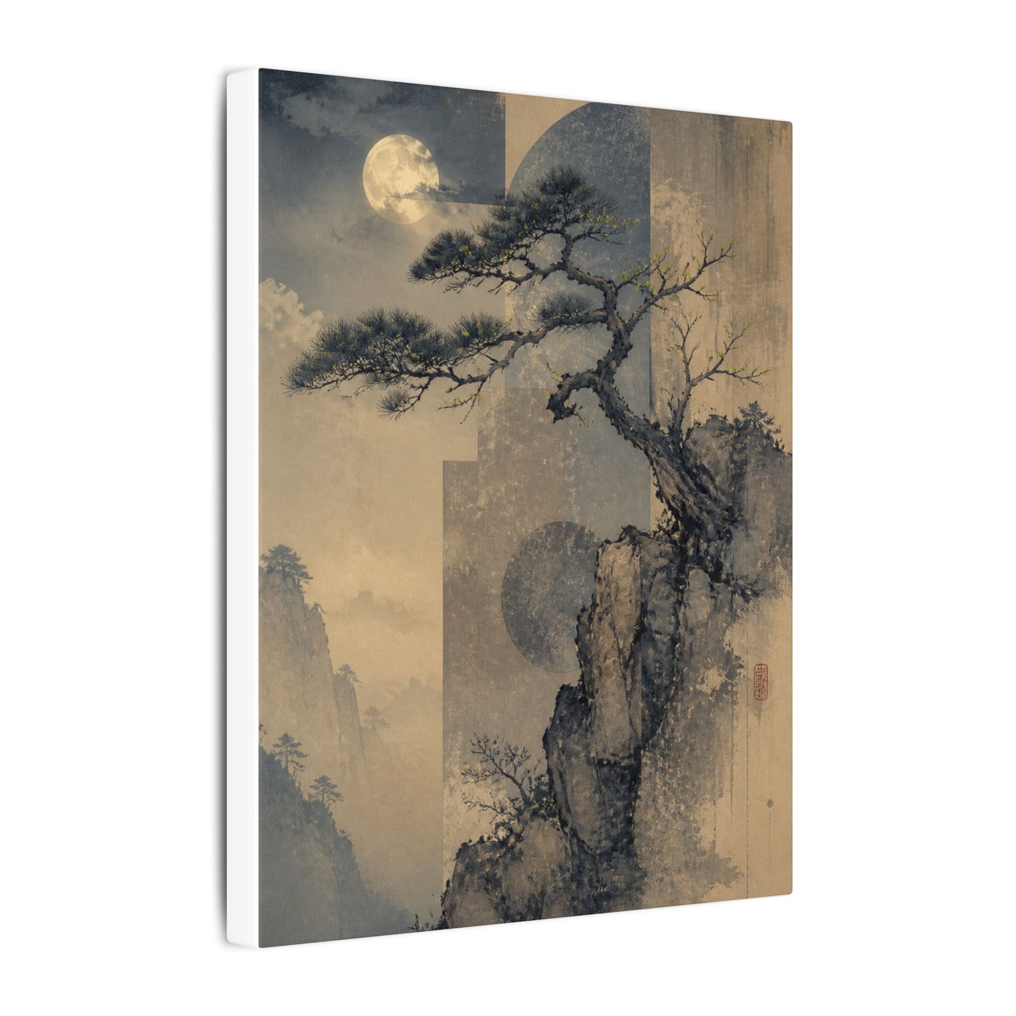 Japandi Pine Tree in Moonlight | Japanese Pattern Canvas Art