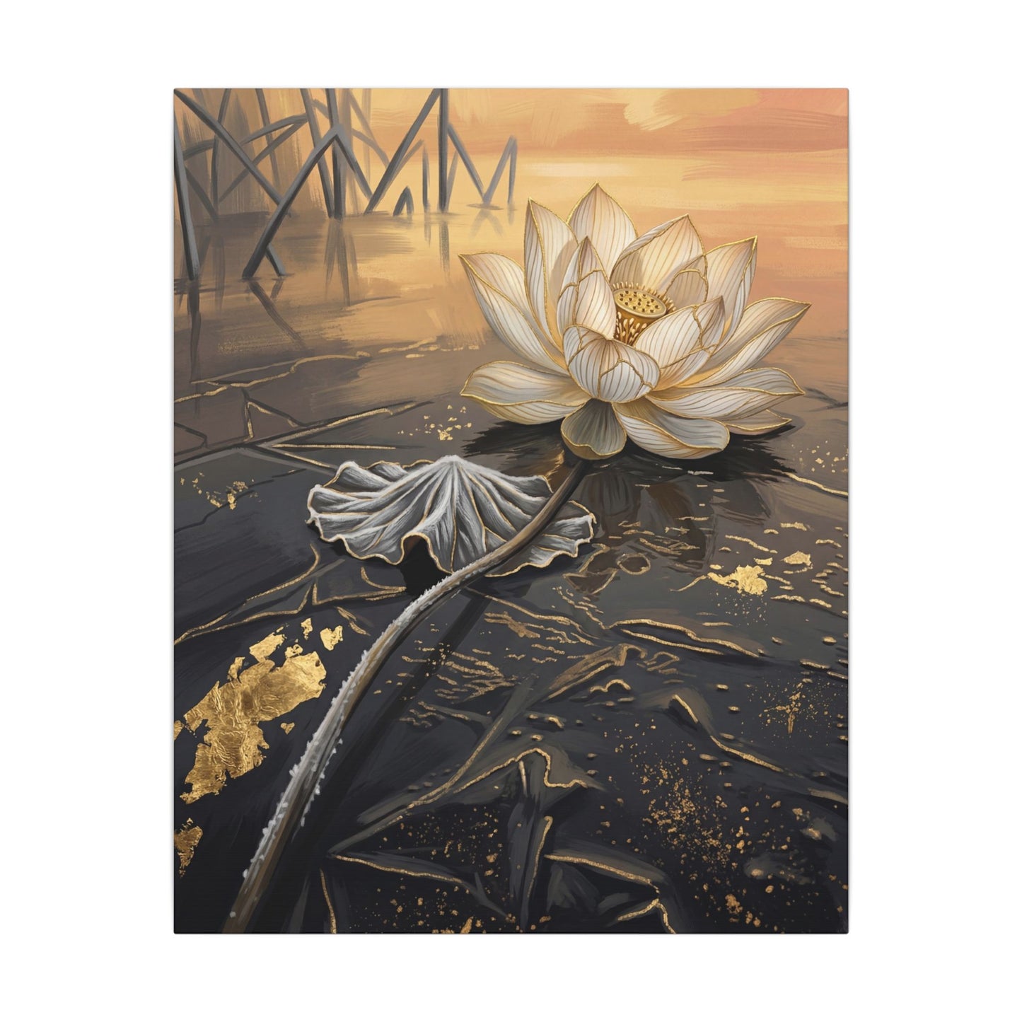 Kintsugi Lotus Flower in Golden Hour | Gold Vein Canvas Art