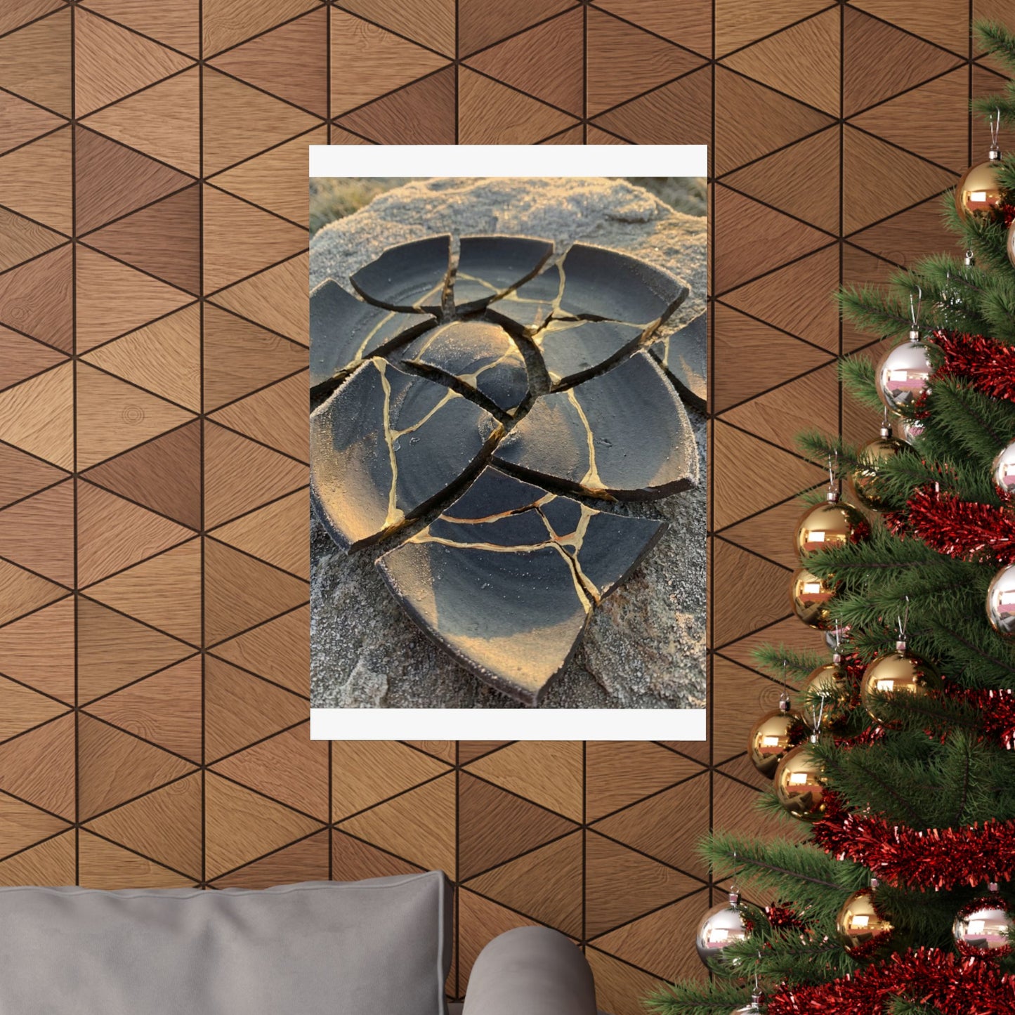 Broken Pottery Wall Art Print | Winter Kintsugi Gold Vein Art
