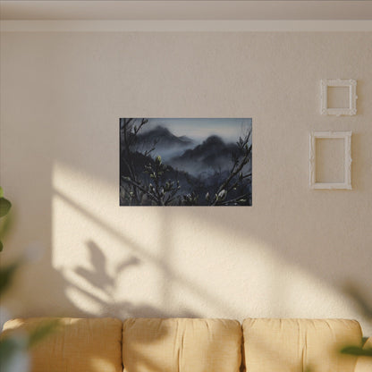 Mountain Mist Spring Canvas Art | Dark Japandi Atmospheric Design