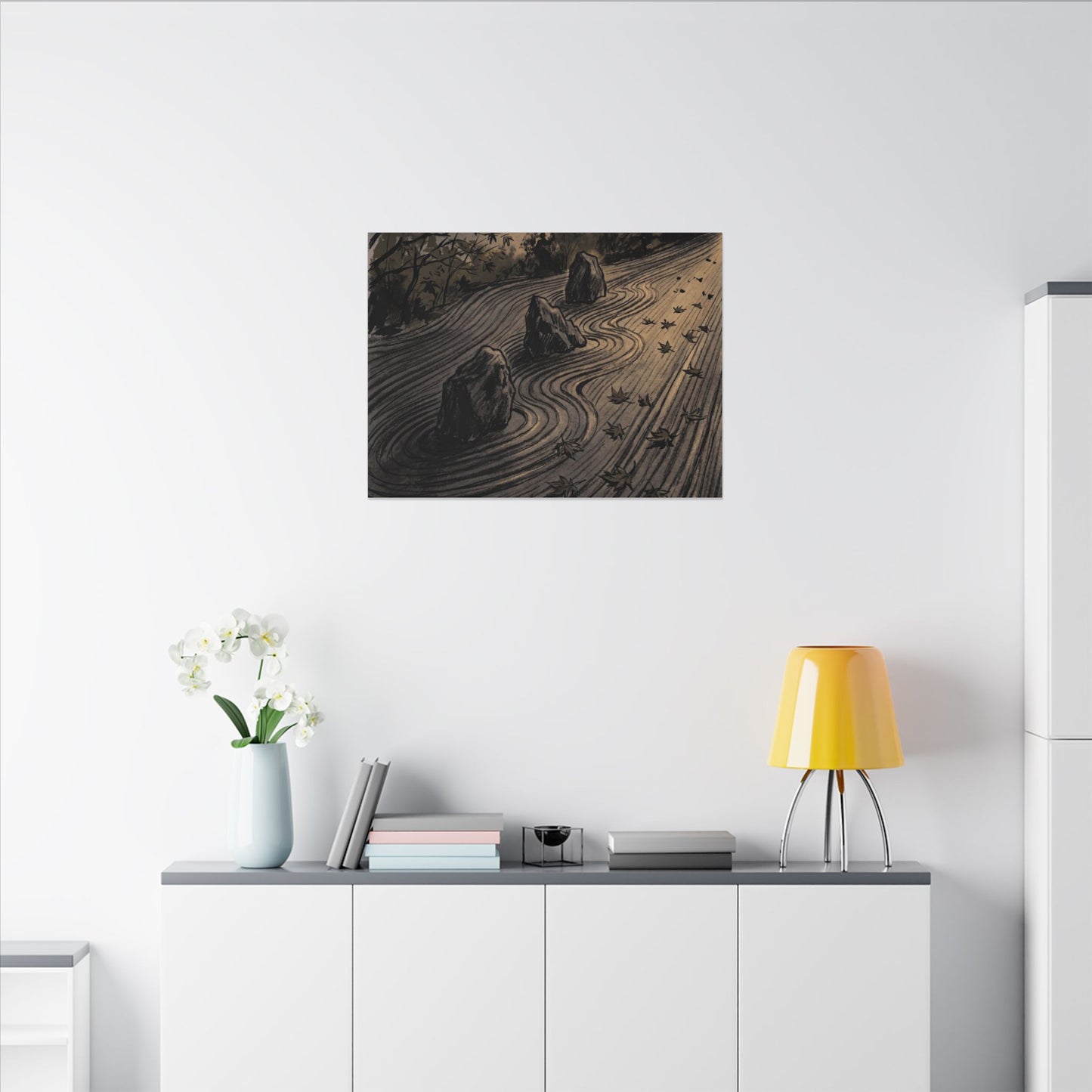 Rock Garden Canvas Art | Autumn Dark Japandi Charcoal Ink Art