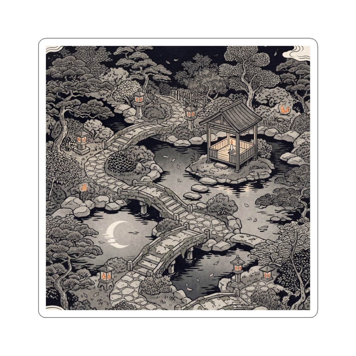 Calm Moonlit Garden Sticker - Ukiyo E Inspired Zen Art Print