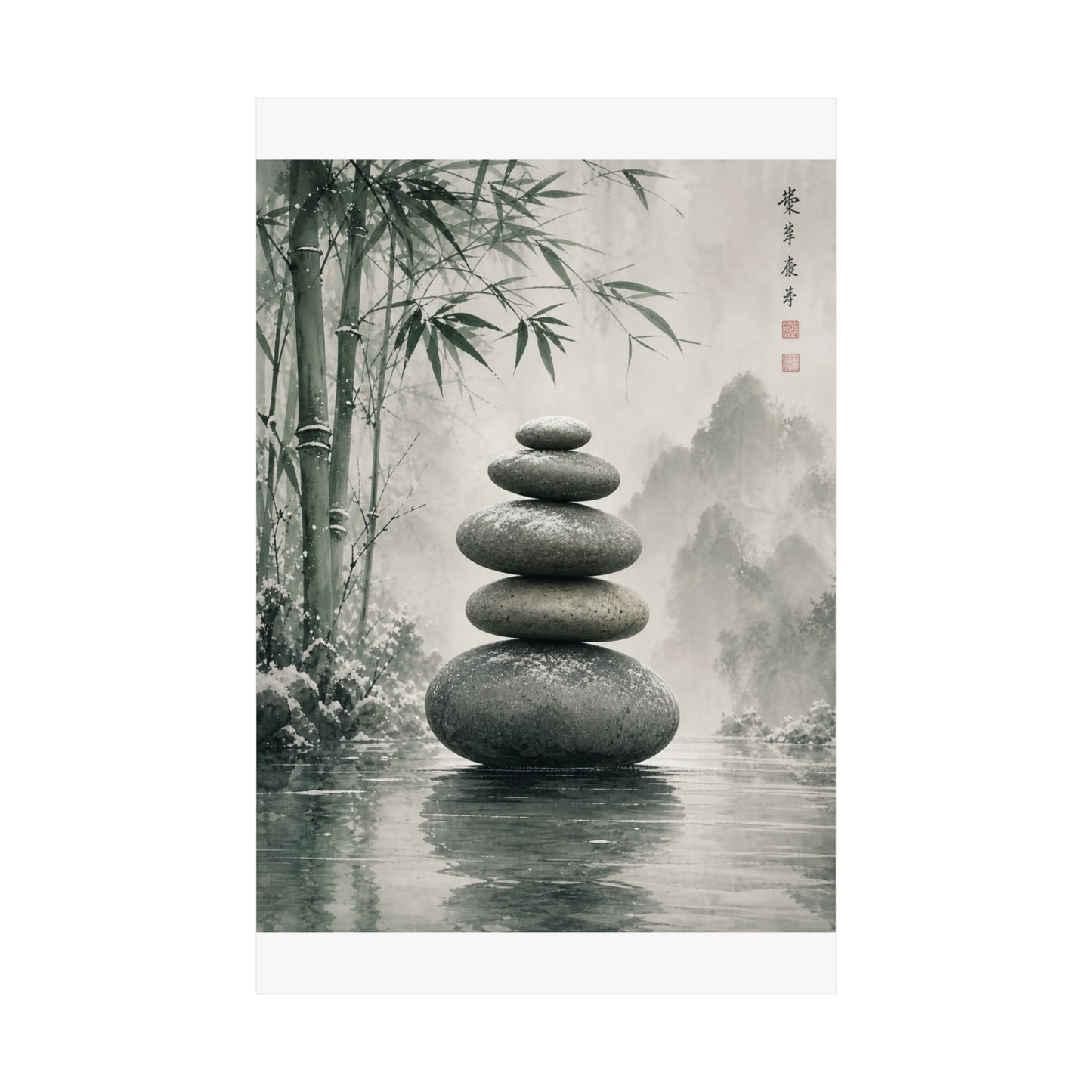 River Stones Sumi E Wall Art Print | Tranquil Zen Art