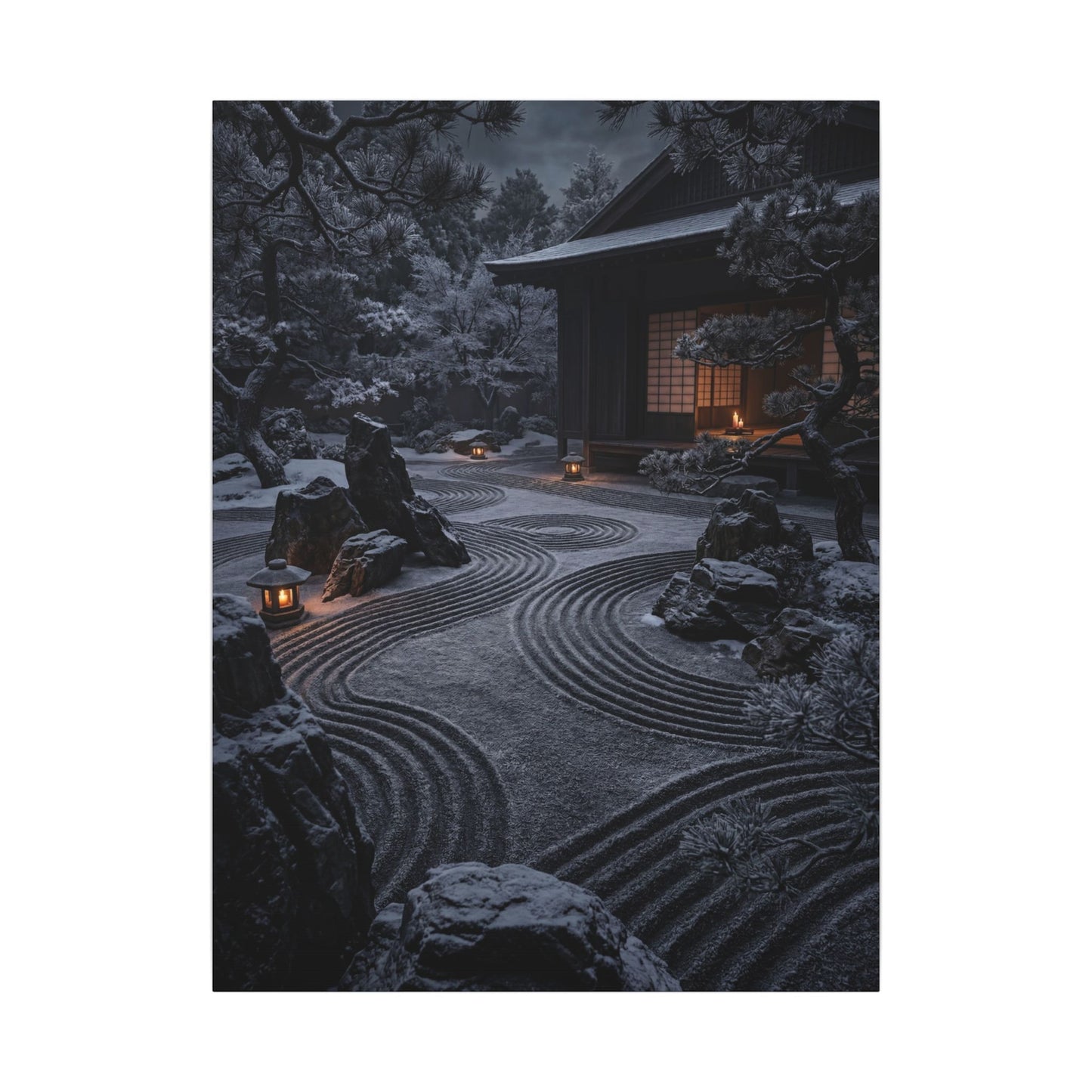 Candlelight Rock Garden Canvas Art - Dark Japandi Fukinsei