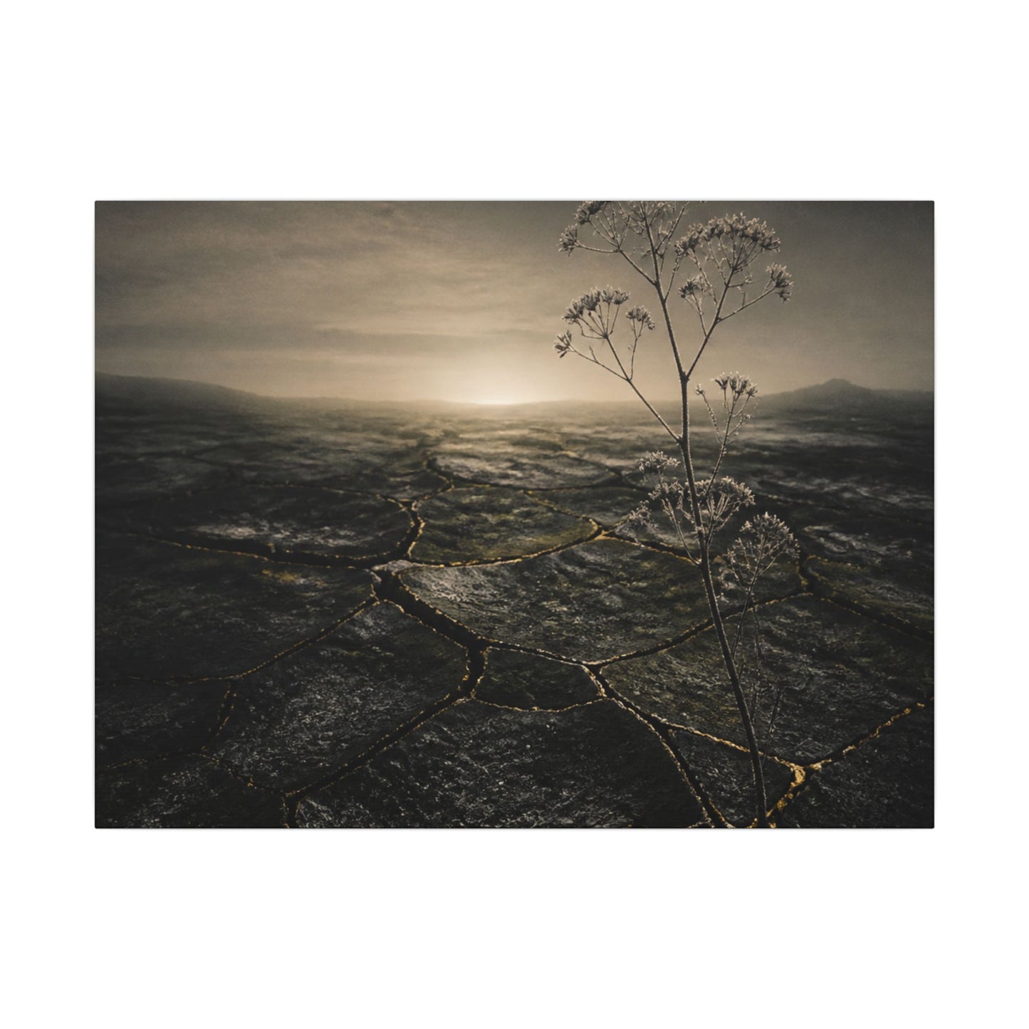 Dawn Cracked Earth Canvas Art - Dark Japandi Mono No Aware