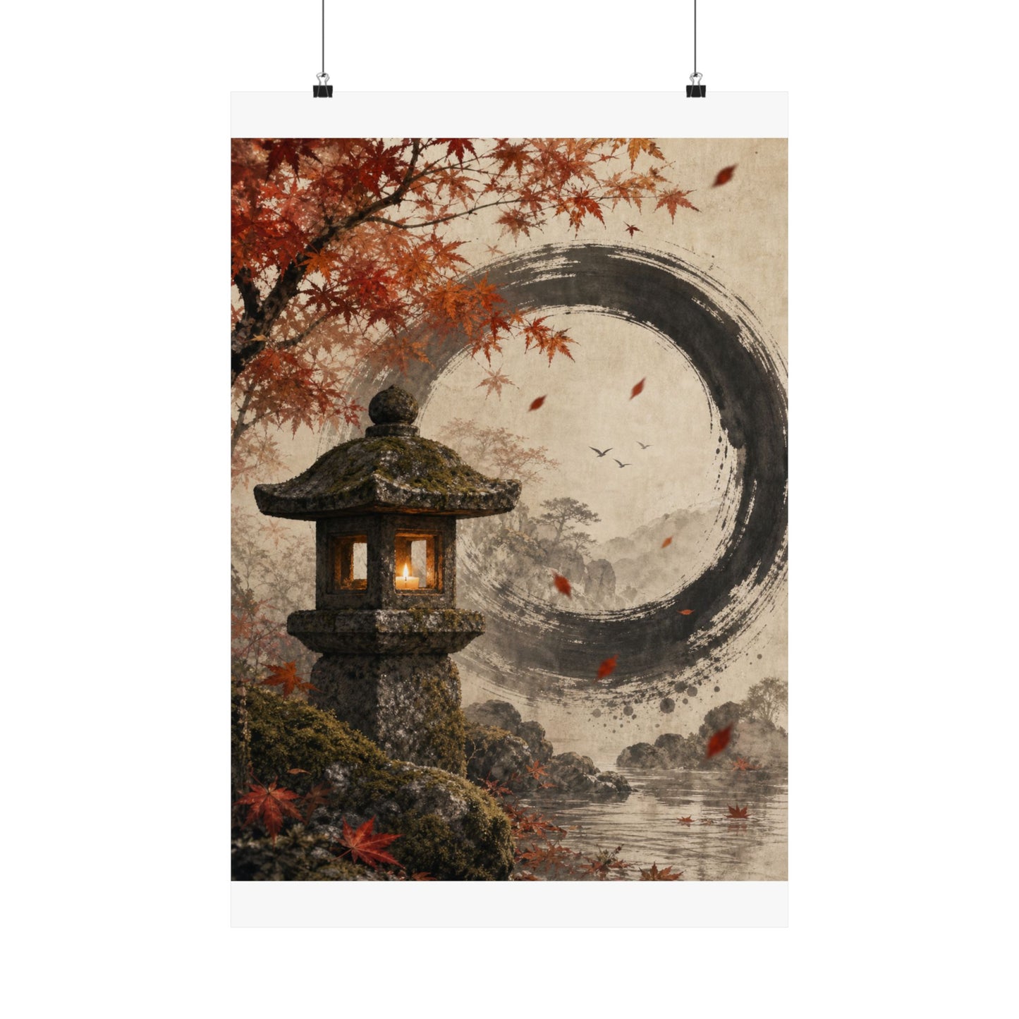 Autumn Stone Lantern Enso Wall Art Print | Serene Decor
