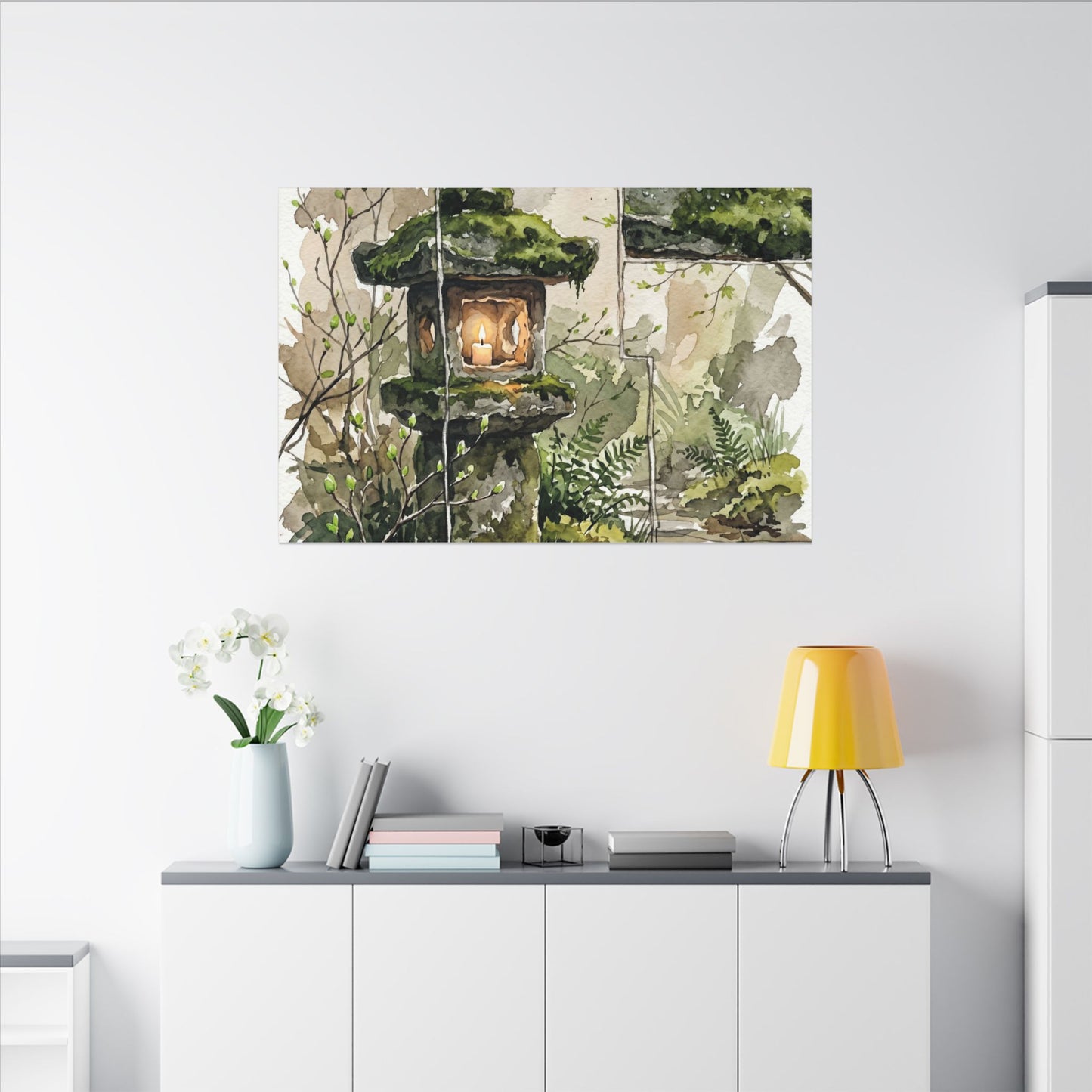 Stone Lantern Watercolor Canvas Art | Elegant Japandi Art