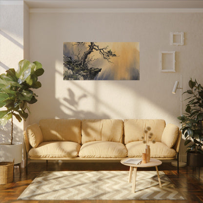 Zen Pine Tree in Golden Hour | Sumi E Canvas Art