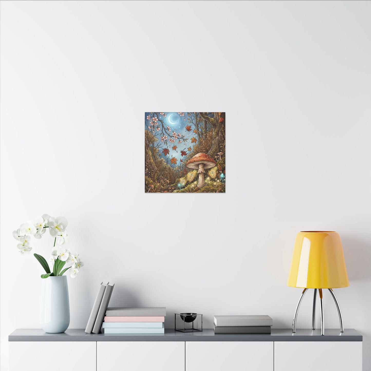 Autumn Cherry Blossom Mushroom Illustration Canvas Art | Enchanting Decor