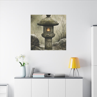 Stone Lantern Winter Canvas Art | Japandi Neutral Design