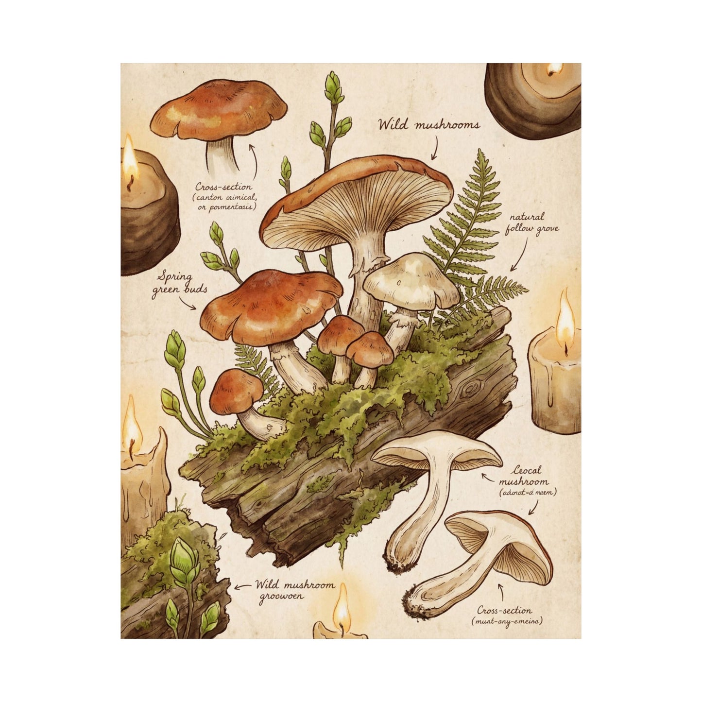 Spring Wild Mushrooms Forest Whimsy Wall Art Print | Rustic Decor