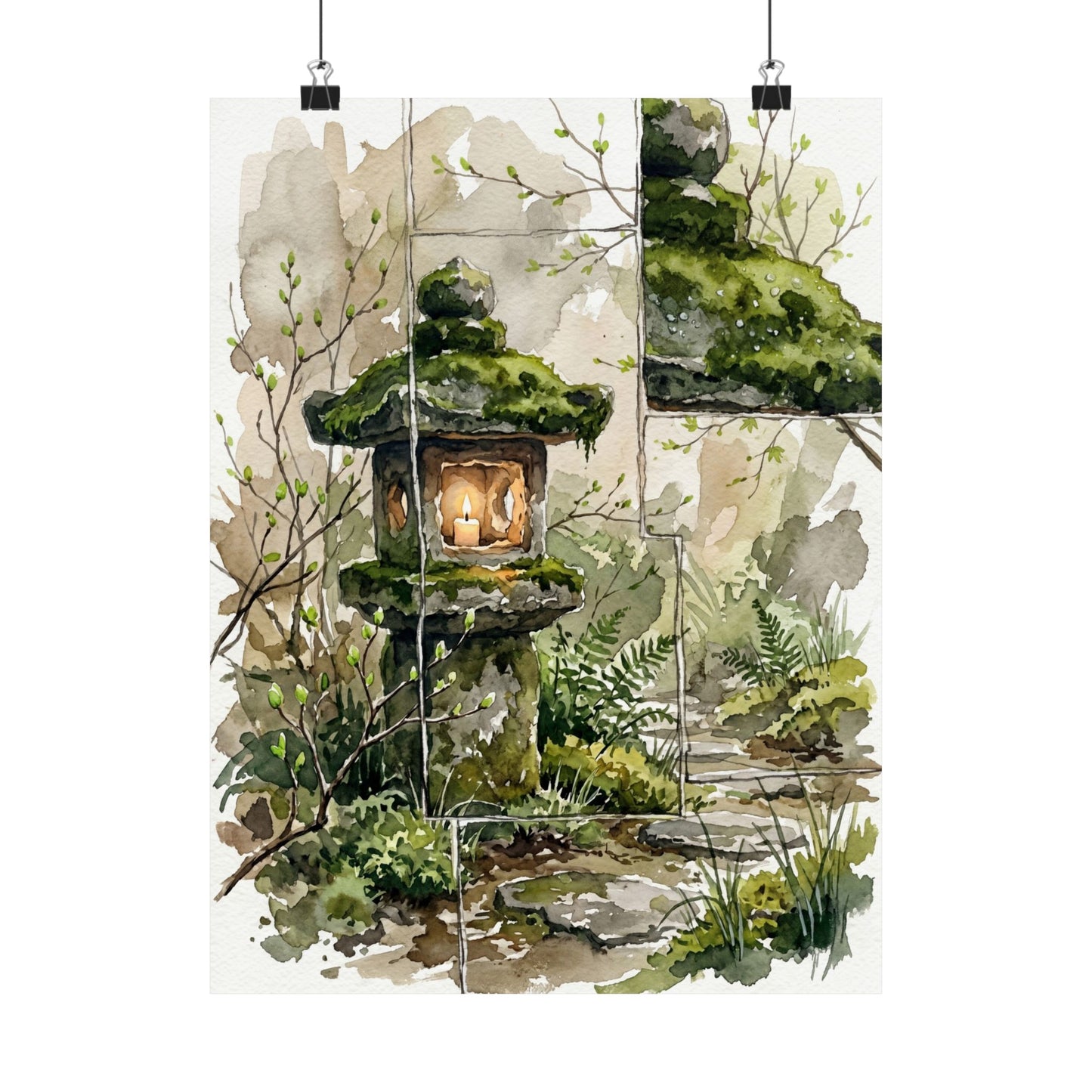 Stone Lantern Spring Wall Art Print | Japandi Neutral Design