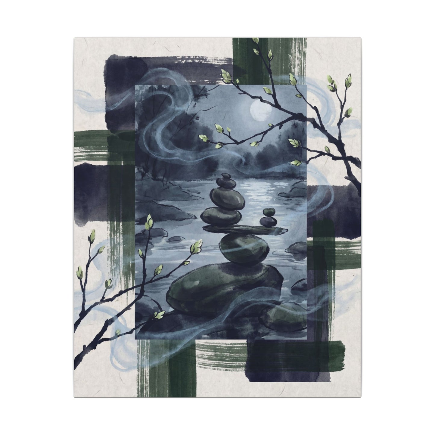 Moonlight River Stones Canvas Art - Zen Shibui
