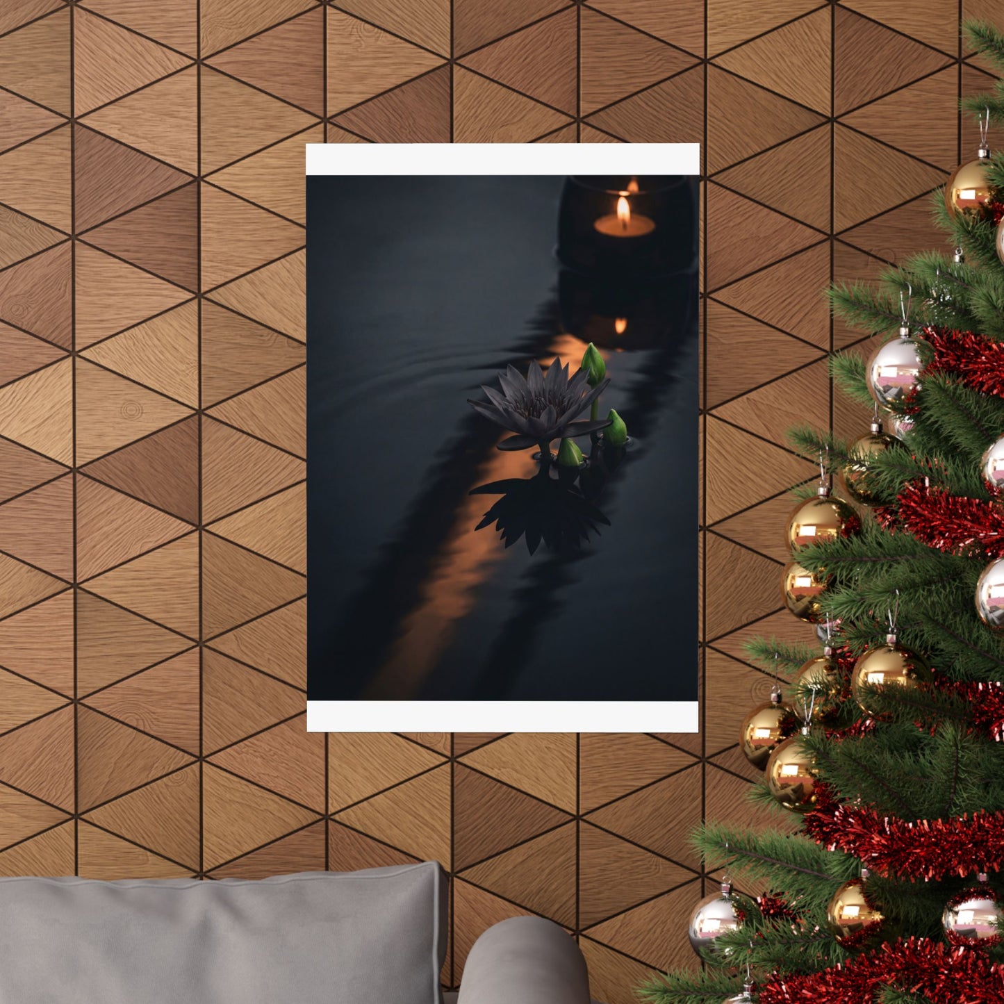 Candlelight Lotus Flower Wall Art Print - Dark Japandi Seijaku