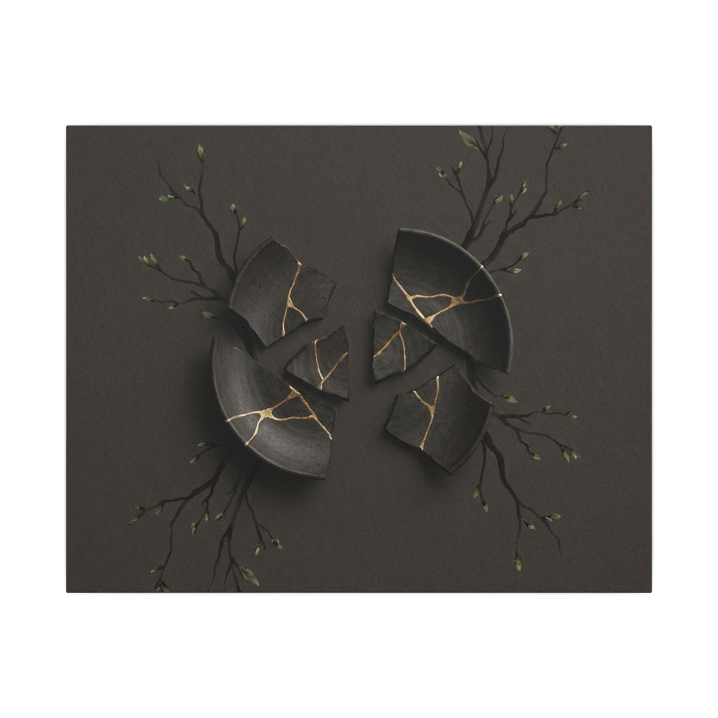Sophisticated Broken Pottery Canvas Art - Charcoal Ink Dark Japandi