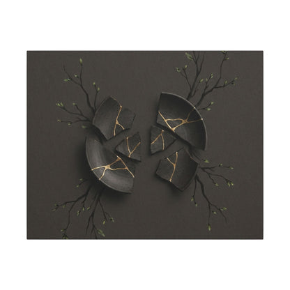 Sophisticated Broken Pottery Canvas Art - Charcoal Ink Dark Japandi