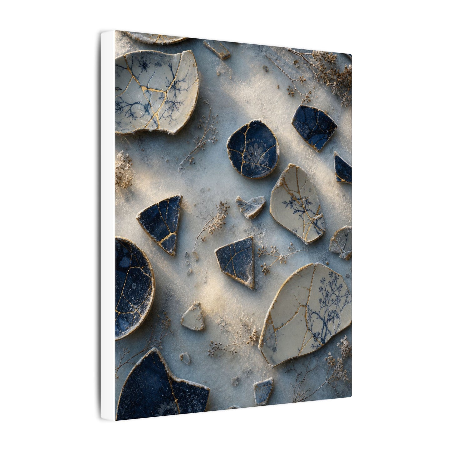 Broken Pottery Canvas Art | Winter Kintsugi Gold Vein Art