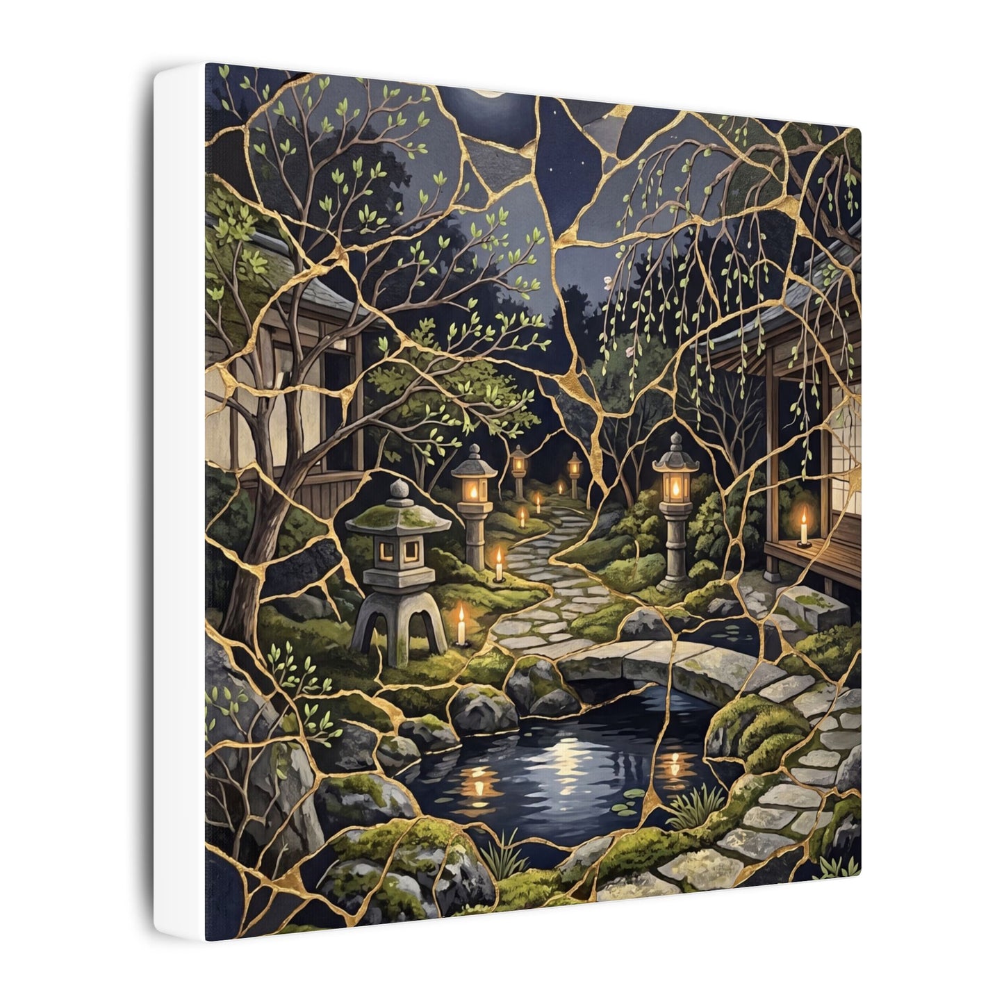 Kintsugi Moonlit Garden in Candlelight | Gold Vein Canvas Art