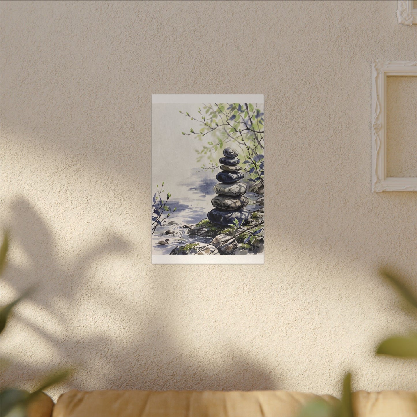 River Stones Sumi E Canvas Art | Serene Zen Art