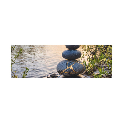 Kintsugi River Stones in Golden Hour | Gold Vein Canvas Art