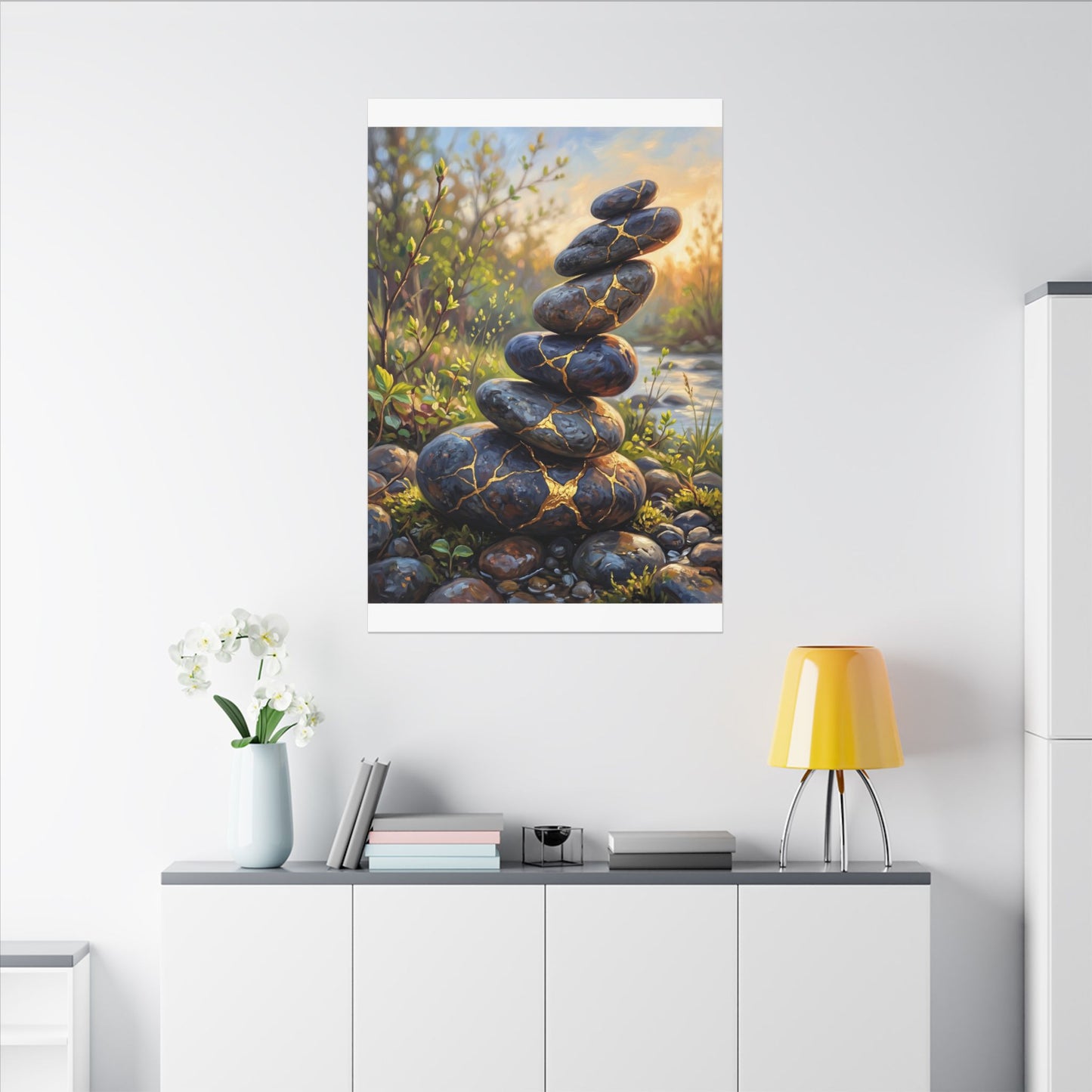 Spring River Stones Gold Repair Canvas Art | Healing Decor