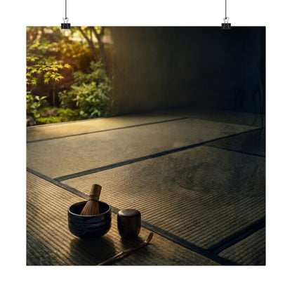 Dark Japandi Tea Ceremony in Golden Hour | Dark Texture Wall Art Print